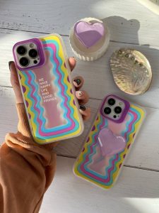 قاب موبایل آیفون هپی لایف هفت رنگ + پاپسوکت قلبی بنفش