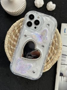 قاب موبایل آیفون آیینه قلبی پروانه برجسته - تصویر 2