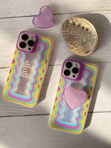 قاب موبایل آیفون هپی لایف هفت رنگ + پاپسوکت قلبی بنفش - تصویر 3