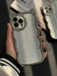 قاب موبایل آیفون گربه شاینی نقره ای گوش برجسته