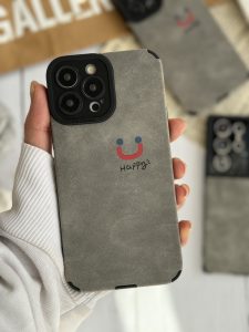 قاب موبایل آیفون چرم و جیر طوسی اسمایل محافظ لنزدار