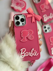 قاب موبایل آیفون باربی پاپیونی صورتی + بند بلند