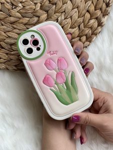 قاب موبایل آیفون گل لاله برجسته تولیپ صورتی