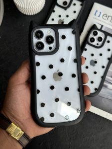 قاب موبایل آیفون گربه خال مشکی گوش دار پشت بیرنگ