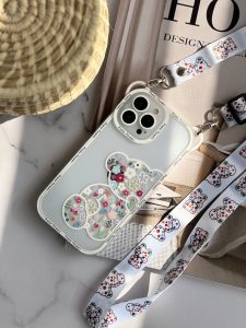 قاب موبایل آیفون خرس بهاری گوش دار پشت بیرنگ + بند آویز بلند