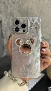 قاب موبایل ( آیفون - سامسونگ ) میکی اسکوییکی داگ آیینه ای نگین دار + بندست - تصویر 3