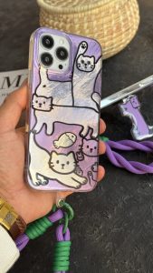 قاب موبایل آیفون گربه دراز سوسیسی بنفش پایه استندشو + بندست - تصویر 2