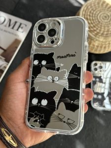 قاب موبایل آیفون گربه بلک اند وایت آیینه ای