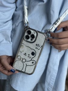 قاب موبایل سلام خرسی شاینی نقره ای + بند بلند آویز - تصویر 2
