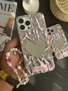 قاب موبایل آیفون گل ریز قلب آیینه ای موج دار رزگلد ( بدون بند )