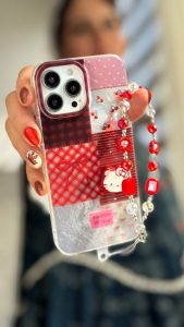 قاب موبایل آیفون کیتی چری آلبالویی پاپیون دار + بندست - تصویر 2