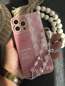 قاب موبایل آیفون پاپیون لبخند چهارخونه صورتی بندست ( بدون بند ) - تصویر 2