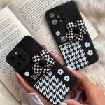 قاب موبایل آیفون گل شطرنجی بالشتی سیاه و سفید